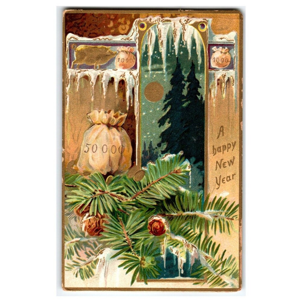 Raphael Tuck New Year Postcard 1909 Lucky Pig Money Bags Pine Boughs